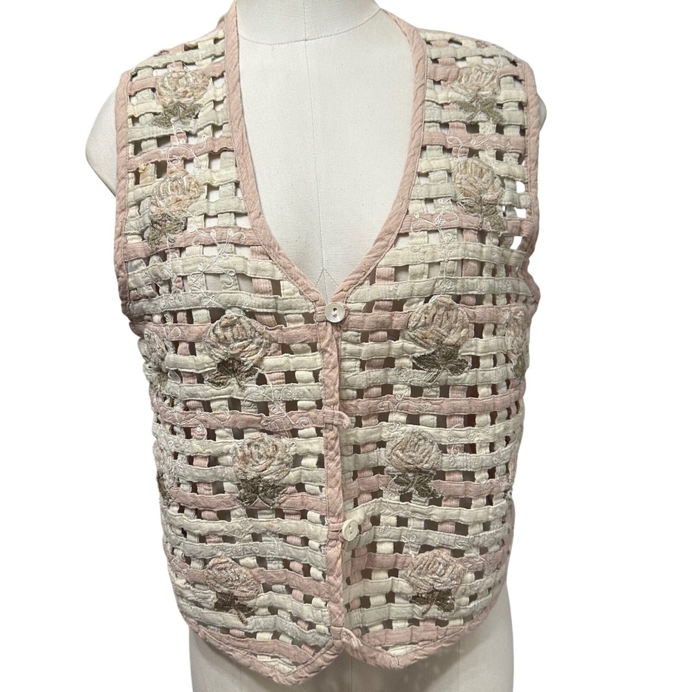 Vintage Life‎ Style Rose Embroidered Lattice Vest Cotton Cottagecore Boho Large
